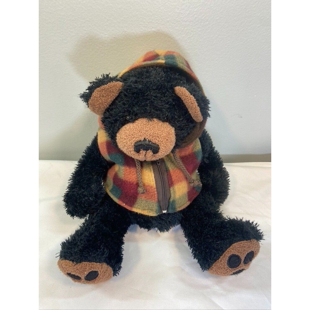 WISH PETS 10 INCH BLACK BEAR PLAID HOODIE 2003 NAME BILL STUFFED ANIMAL PLUSH